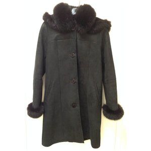 New Never Worn black suede GENUINE shearling hooded coat fox trim SZ US 6 FR 38